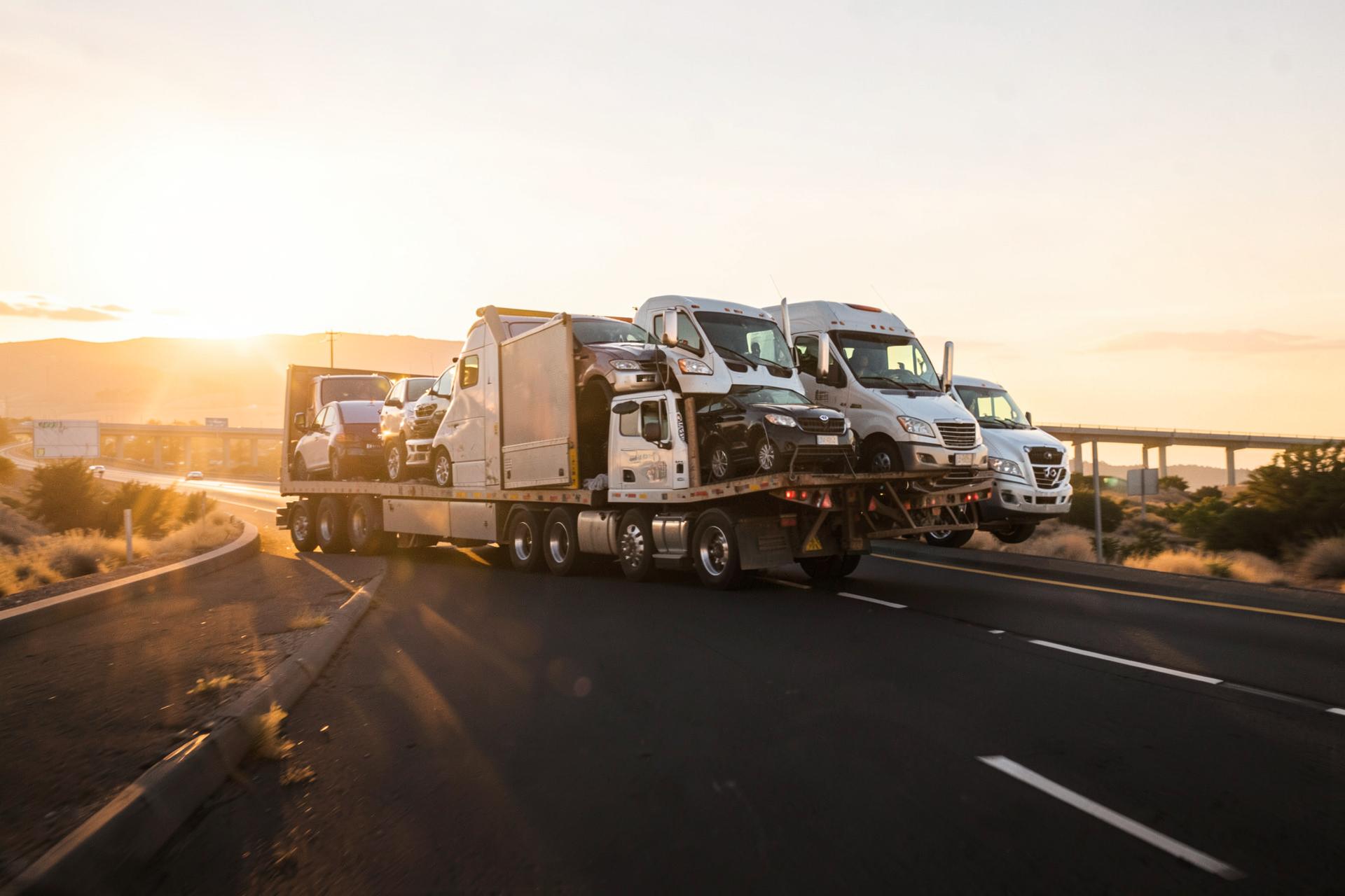 Loaded auto transport car carrier on an open highway at sunset
